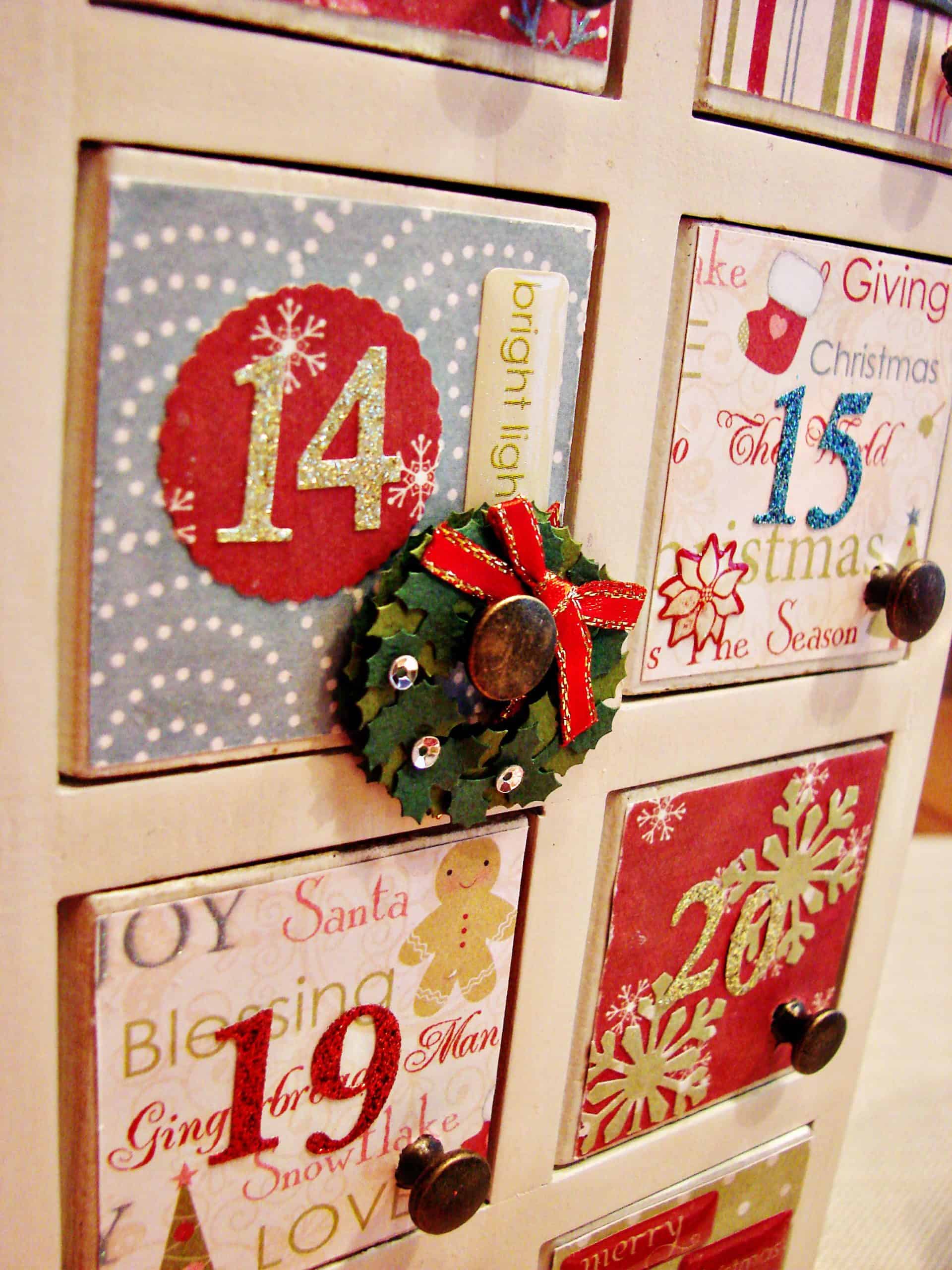 The Photo collage shows a handmade Advent calendar with decorated numbered drawers, festive holiday designs, and a small wreath embellishment.