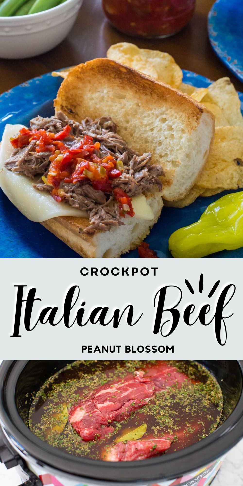 The photo collage shows an Italian Beef sandwich next to a photo of the beef cooking in a slowcooker.