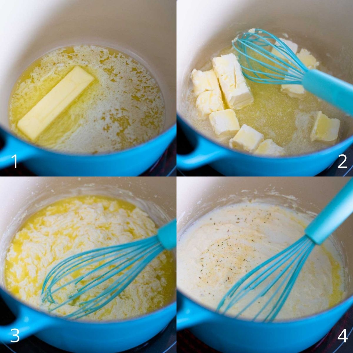 Step by step photos show how to melt the butter and add the cream cheese to make the alfredo sauce.