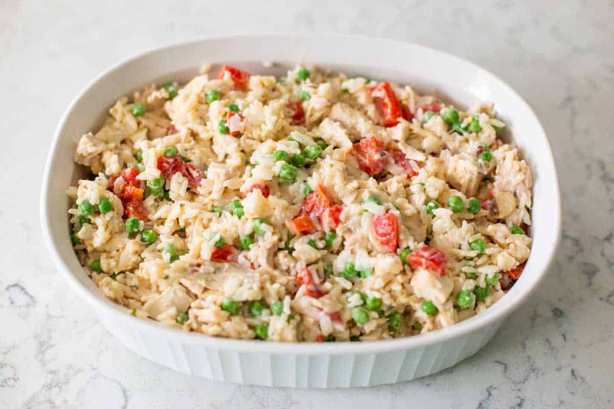 The ingredients have been mixed together and spread into a casserole pan