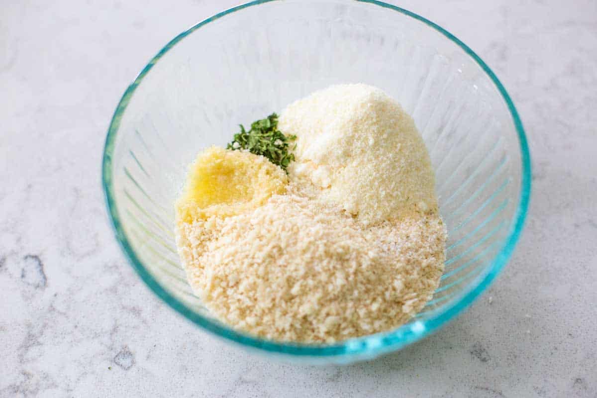 The ingredients for the breadcrumb topping are ready to be mixed.