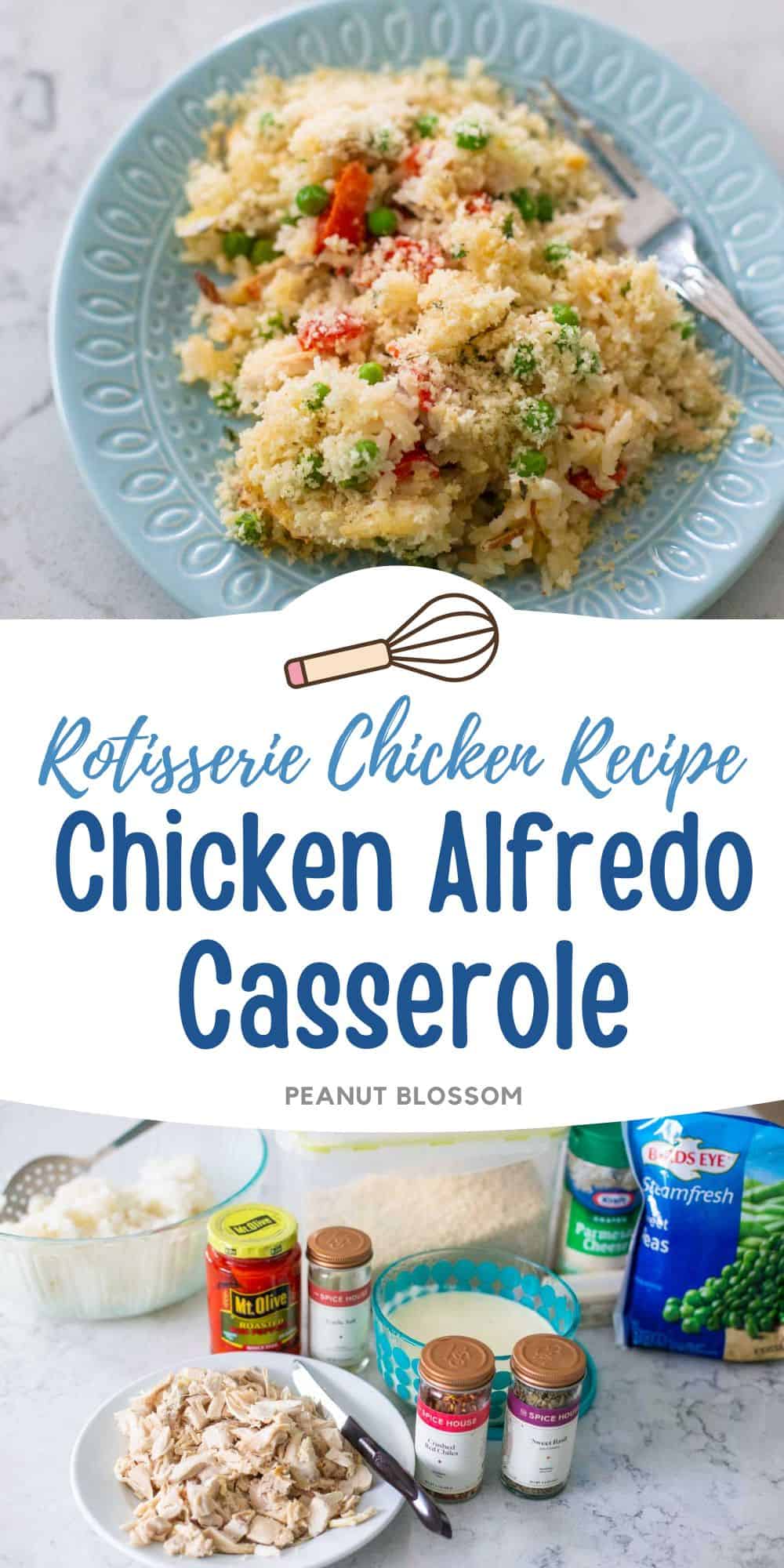 The casserole has been served on a blue plate. The second photo shows the ingredients needed to make it.