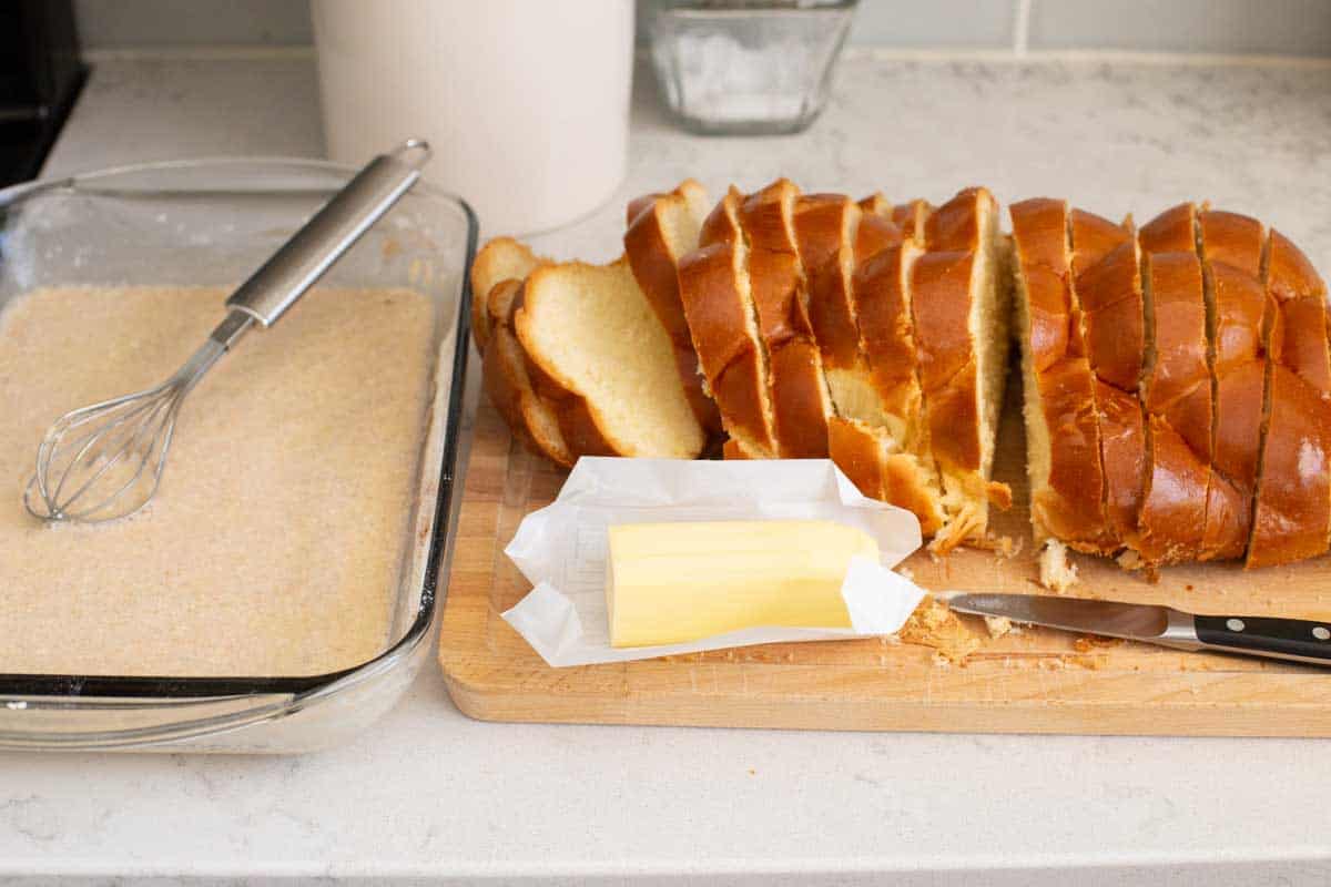 The bread slices are about to be dipped in batter