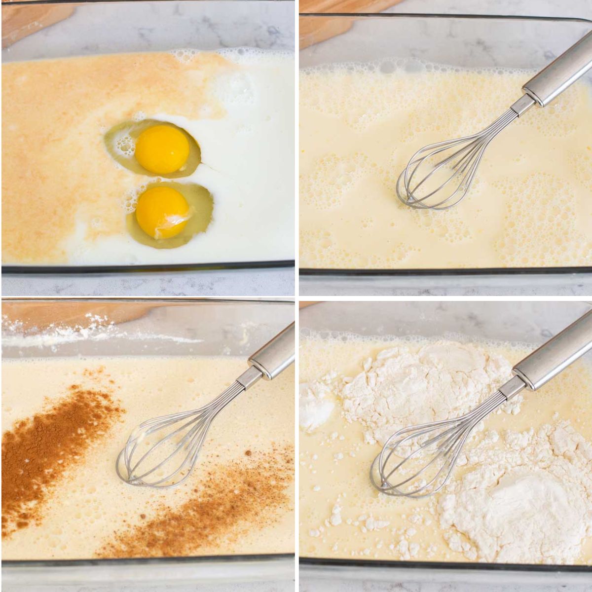 Step by step photo collage shows how to whisk together the milk, eggs, vanilla, spices, flour, and sugar.