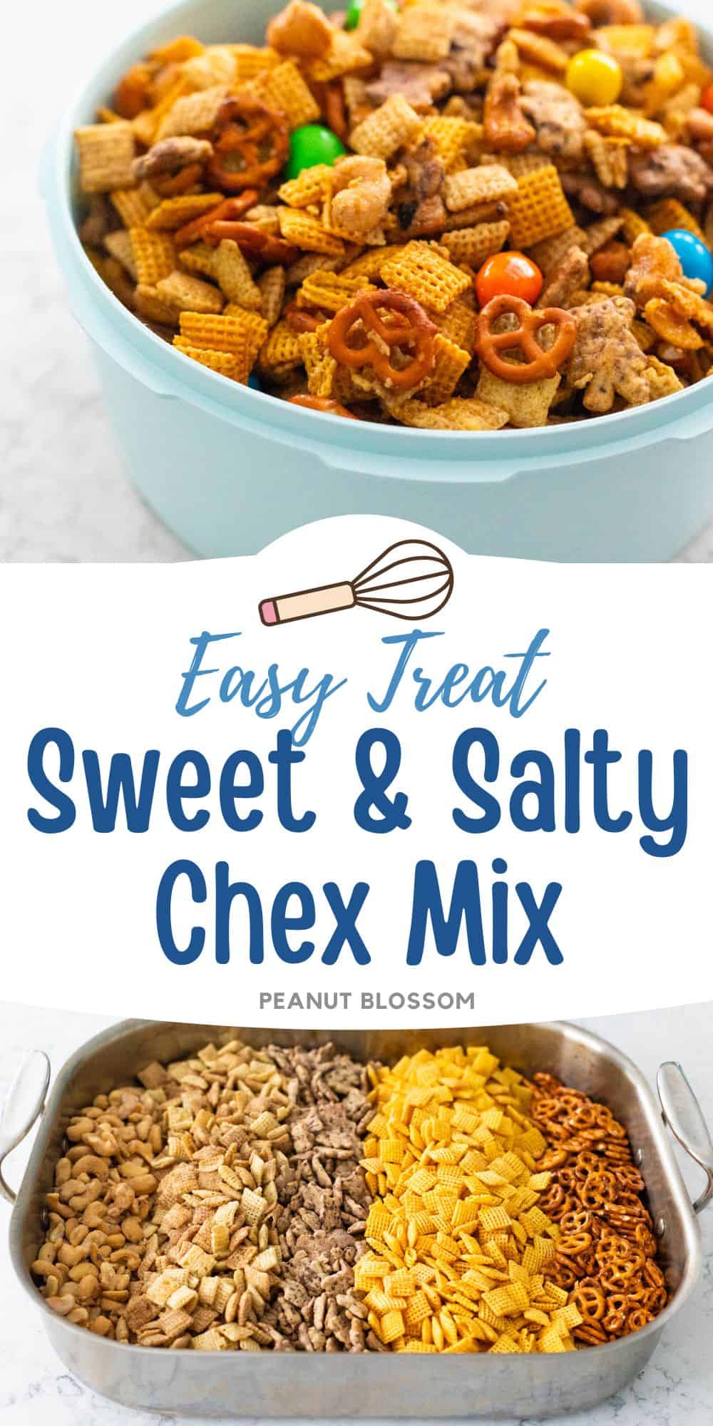 The photo collage shows the chex mix ready to be served in a blue bowl next to a photo of it in the baking pan.