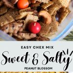 The photo collage shows the finished sweet and salty Chex Mix next to a photo of the cereal laying out on a baking sheet.