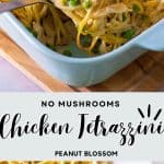 The photo collage shows the chicken tetrazzini with no mushrooms in the casserole dish and on a white plate being served for dinner.