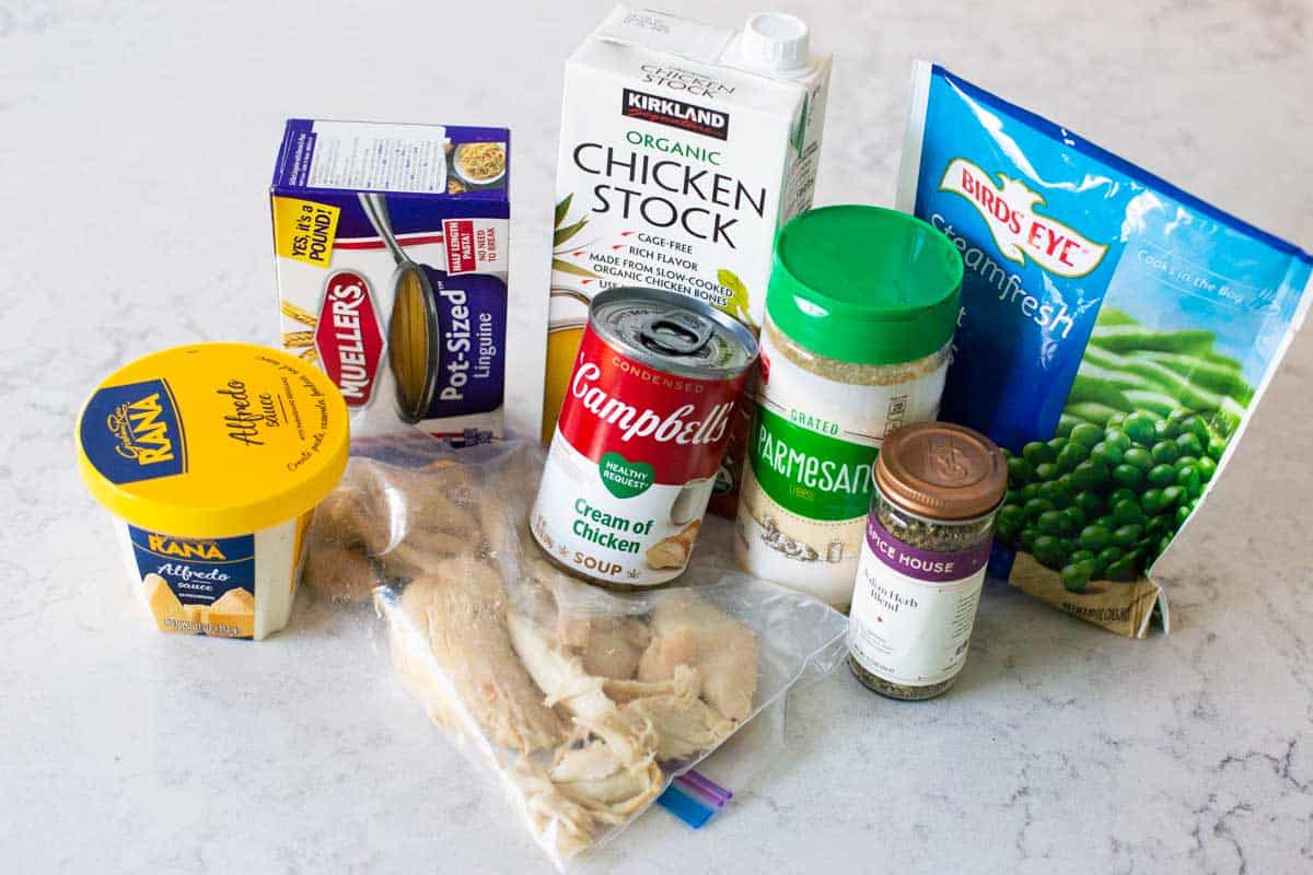 The ingredients for the chicken tetrazzini are on the counter.