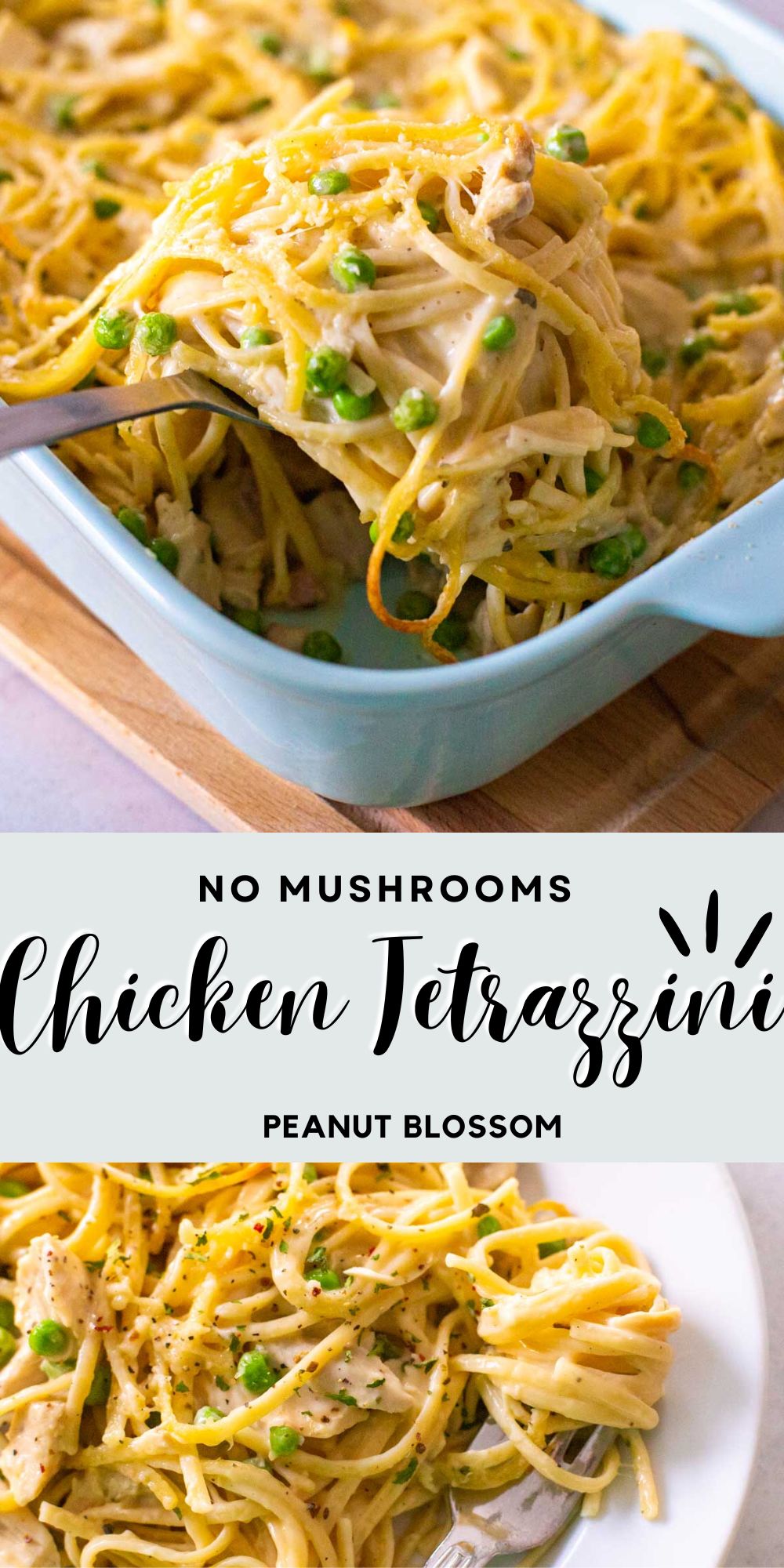 The photo collage shows the chicken tetrazzini with no mushrooms in the casserole dish and on a white plate being served for dinner.