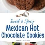 Chocolate cookies on a white plate next to a photo of the ingredients needed to make them.