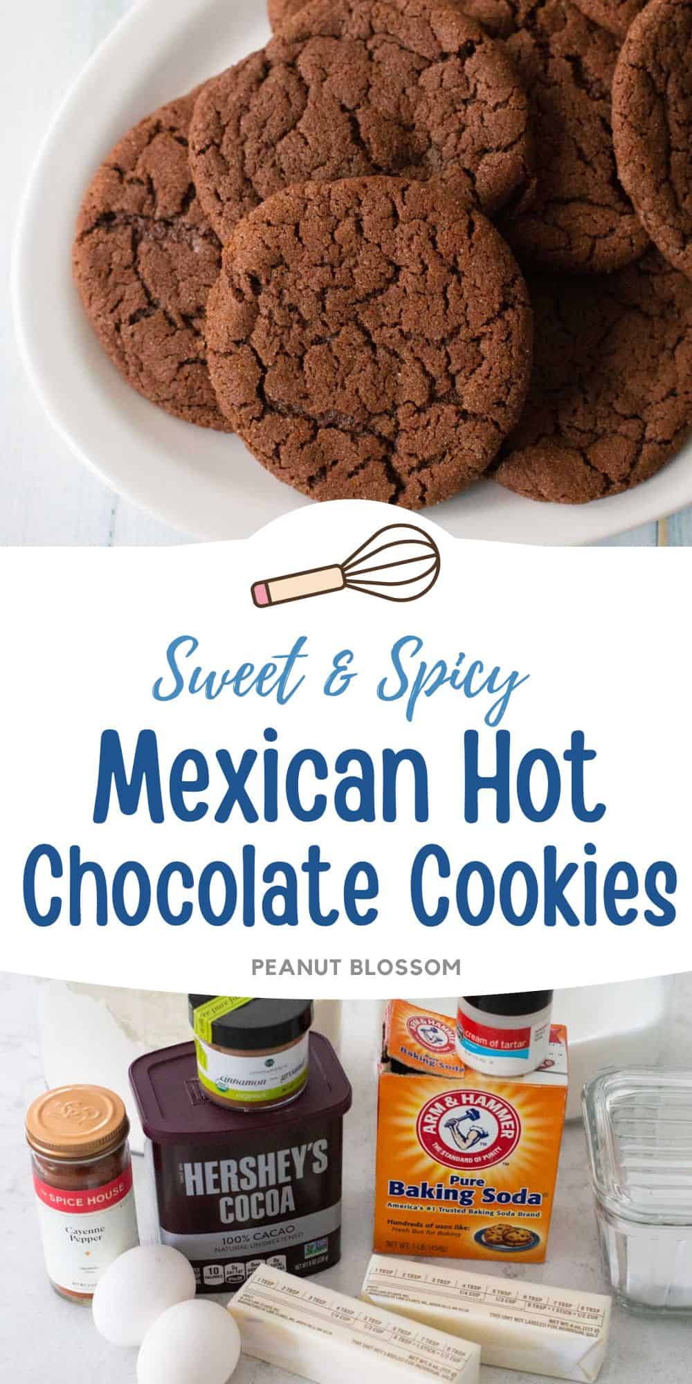Chocolate cookies on a white plate next to a photo of the ingredients needed to make them.