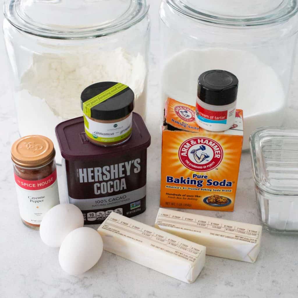 The ingredients for the Mexican Hot Chocolate Cookies on the kitchen counter.