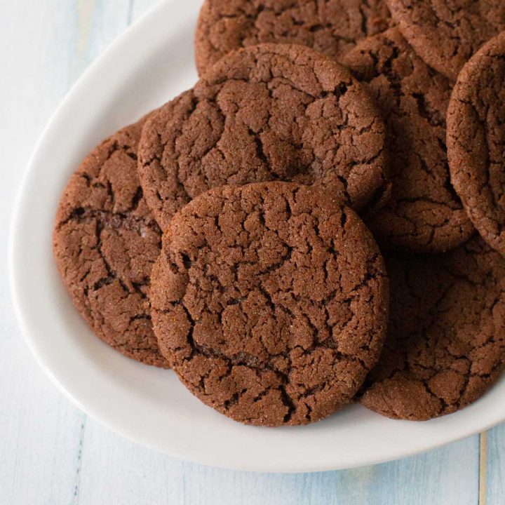 A platter of chocolate crinkle cookies show the Mexican Hot Chocolate Cookie recipe finished.
