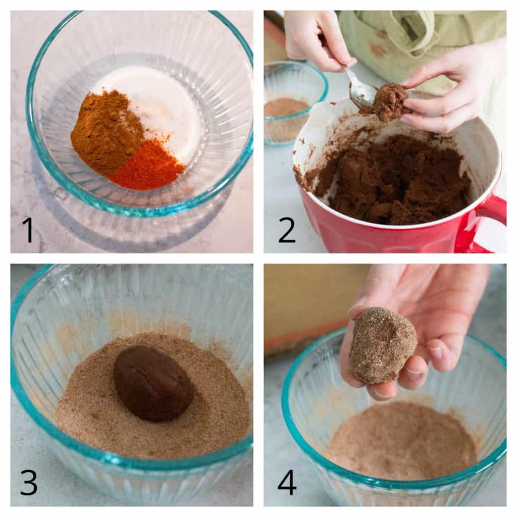 Step by Step instructions for coating the Mexican hot chocolate cookies in the cinnamon, cayenne sugar mix.