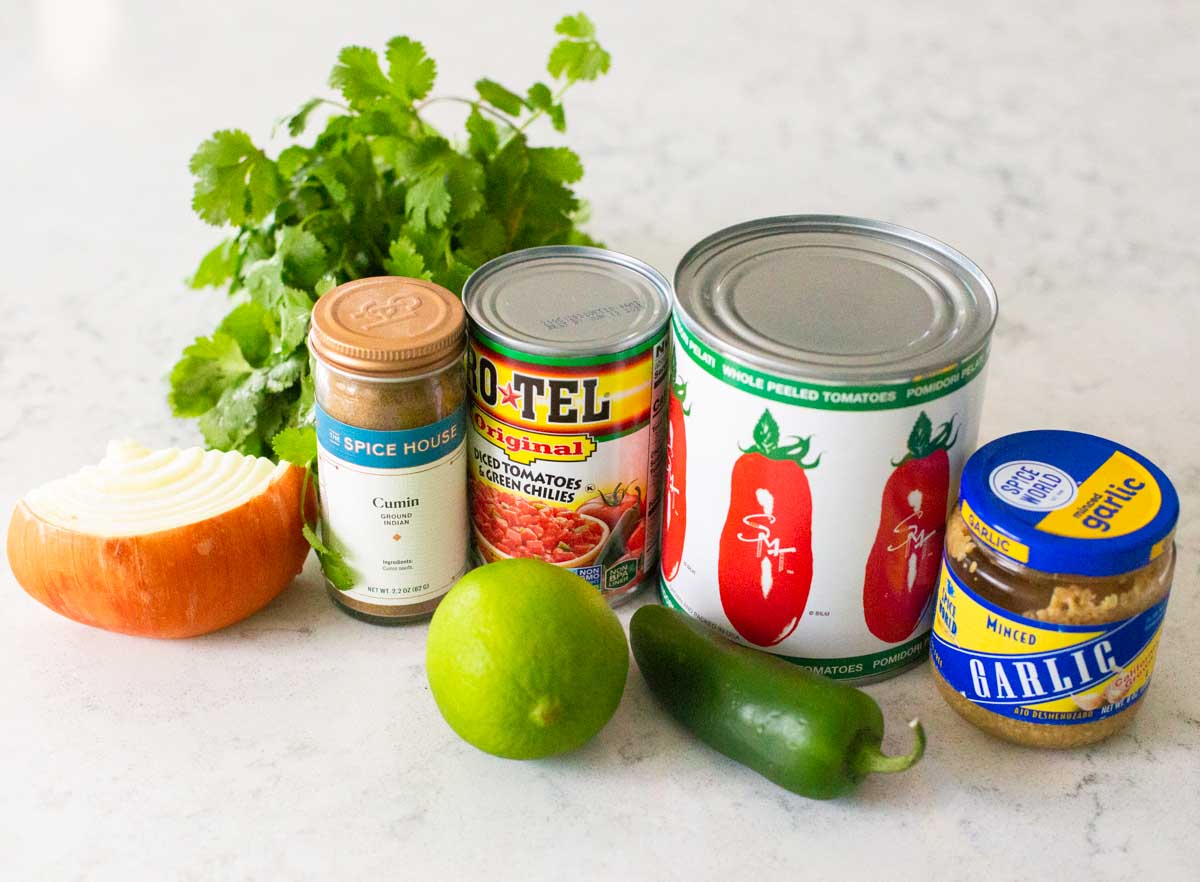 The canned tomatoes and fresh vegetables to make homemade salsa are on the kitchen counter.