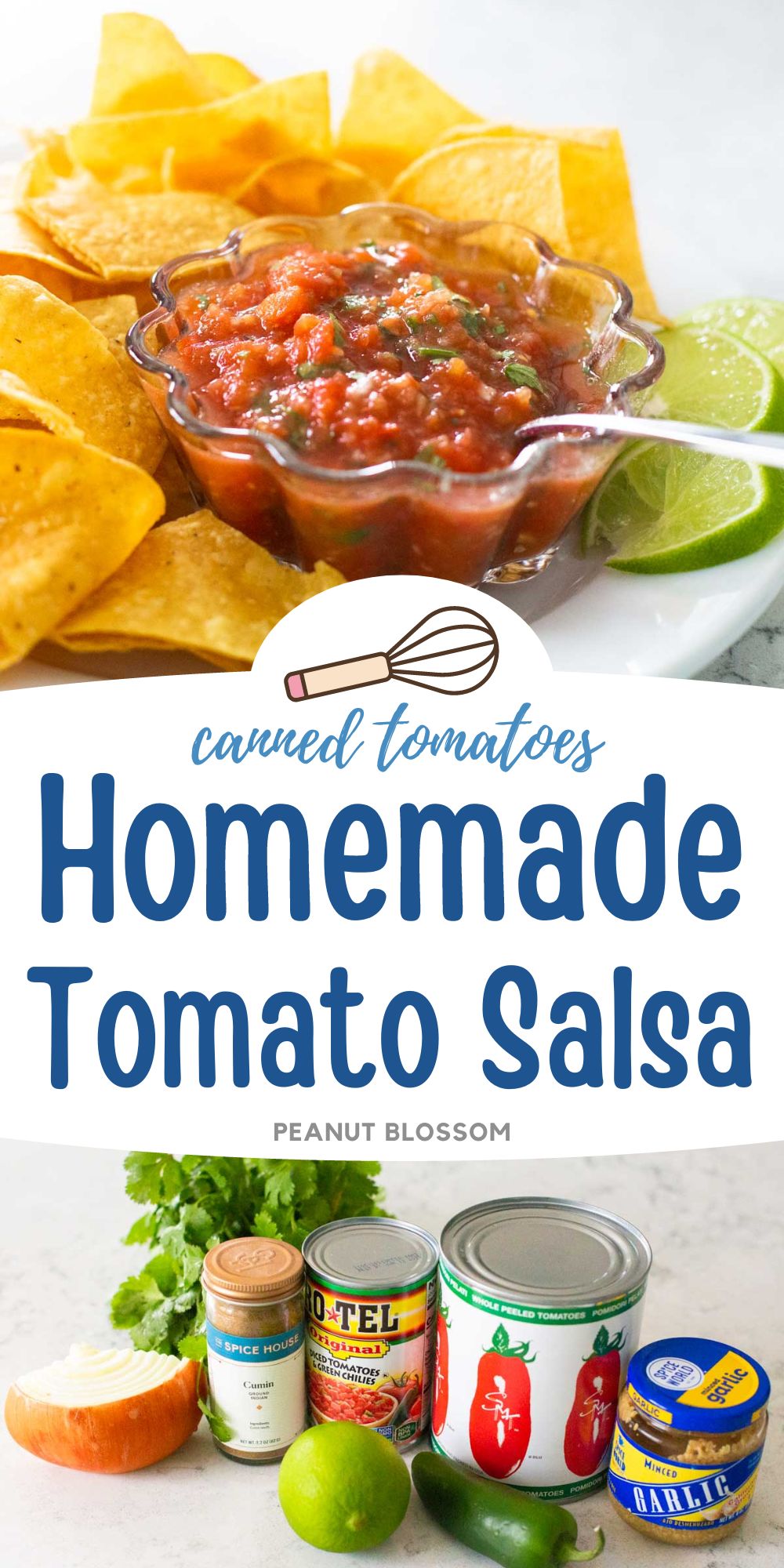 The photo collage shows the salsa in a bowl with tortilla chips on the side next to a photo of the ingredients to make it.