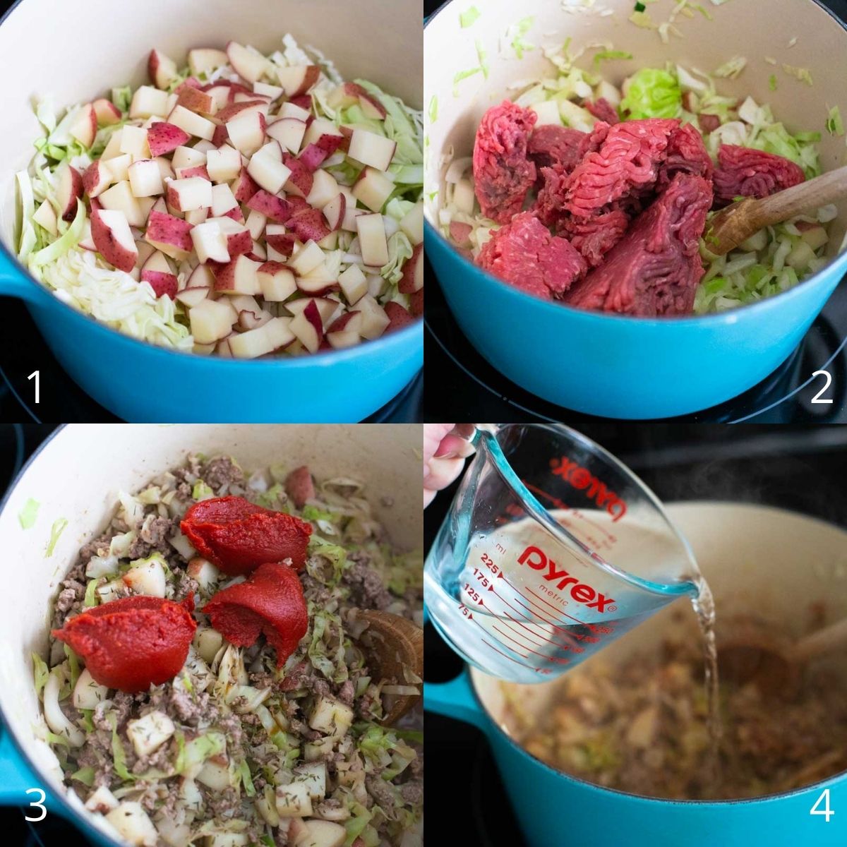 A step by step photo collage shows how to cook the potatoes, cabbage, ground beef, and season it for the filling.