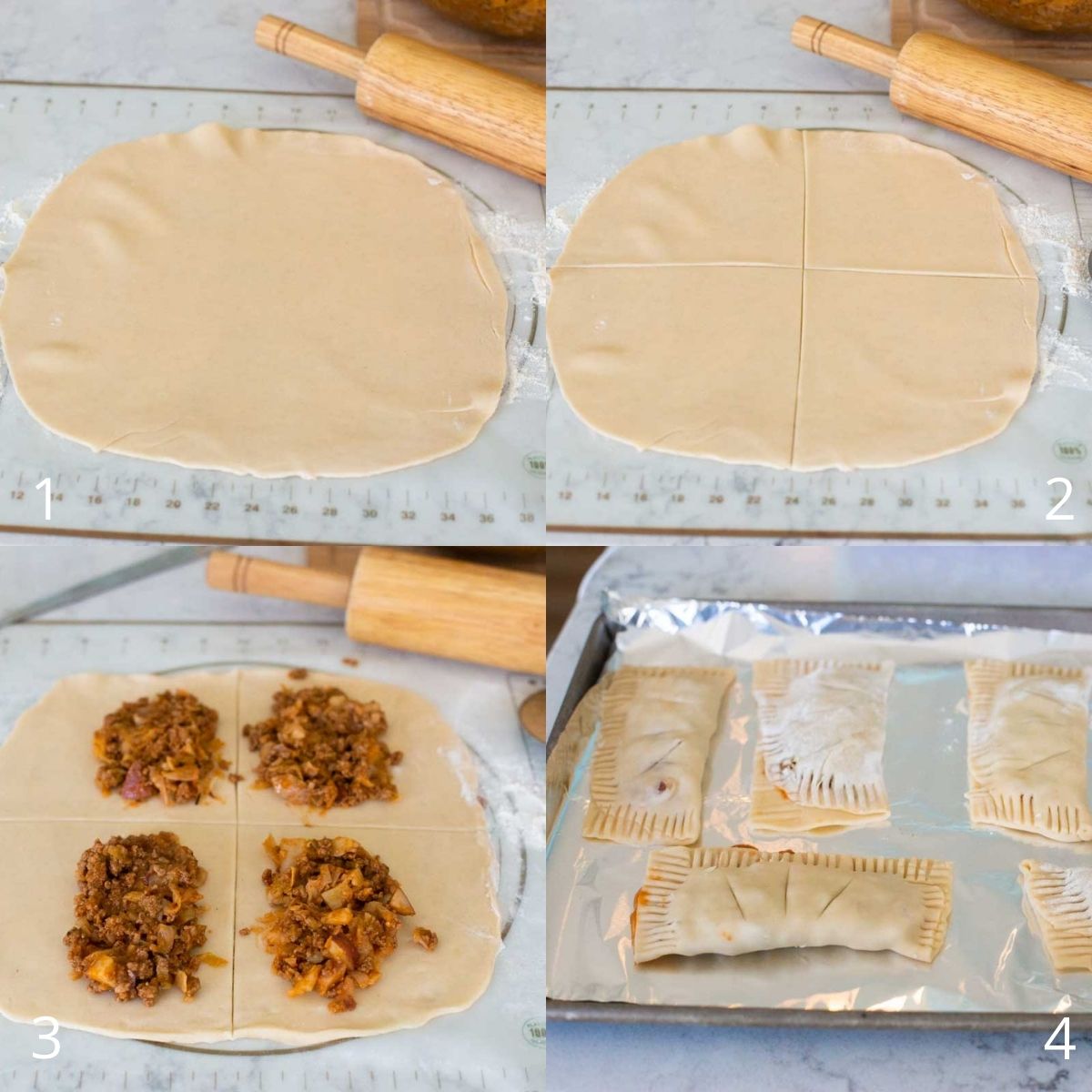 A step by step photo shows how to assemble the beef hand pies