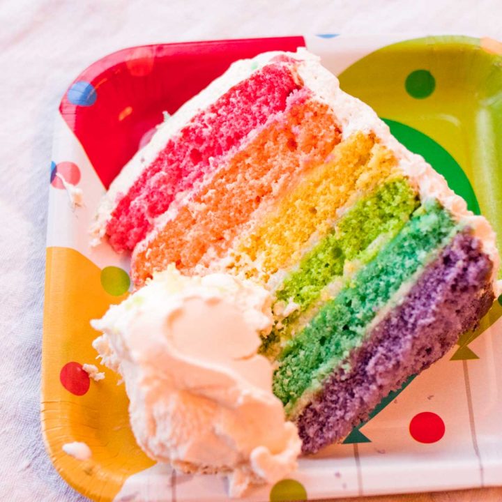 A slice of rainbow cake shows the 6 layers of colors next to a scoop of ice cream.