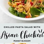 A photo collage shows the finished salad on top and the pasta salad part in a mixing bowl on the bottom.