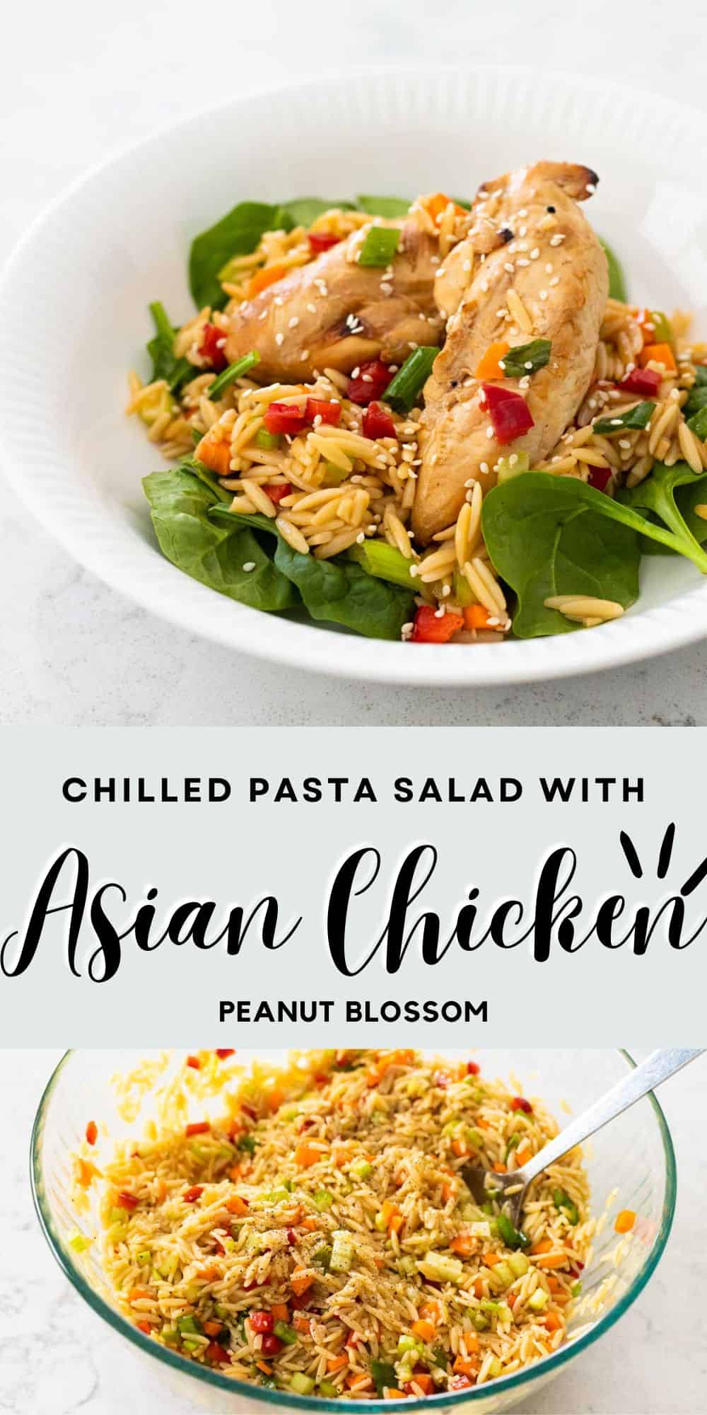 A photo collage shows the finished salad on top and the pasta salad part in a mixing bowl on the bottom.