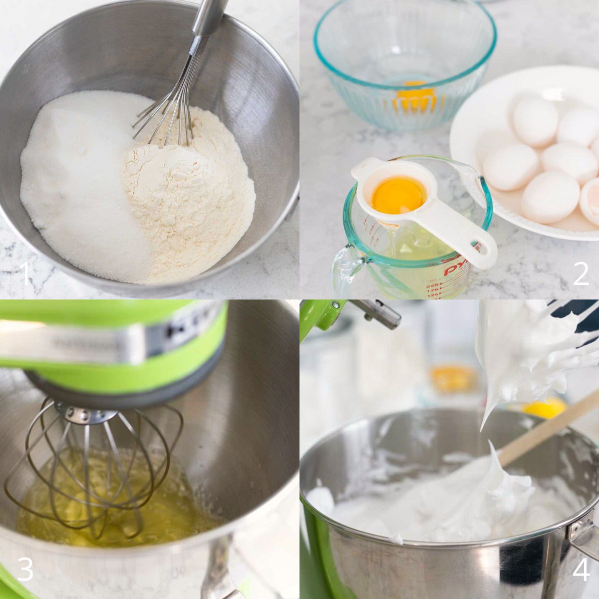 The step by step photos show how to whip the eggs and make the cake batter.