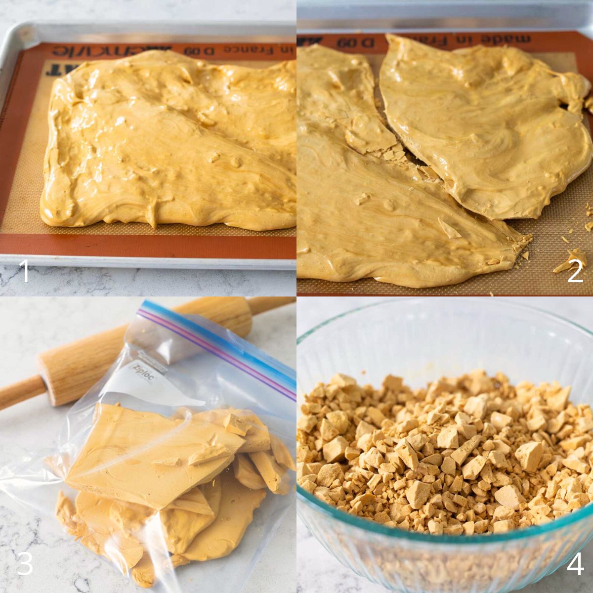 The step by step photos show how to break the candy into crunchy pieces.