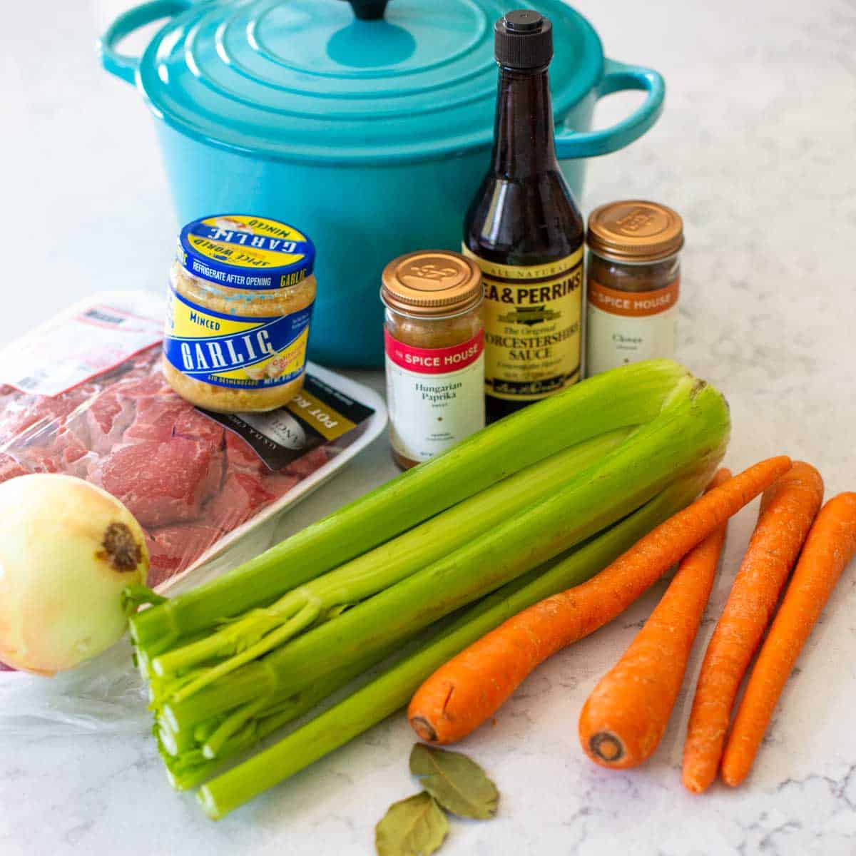 The Ingredients for the easy stovetop beef stew are on the counter.