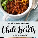 The photo collage shows a bowl of ground beef chili next to the chili cooking in a dutch oven on the stove top.