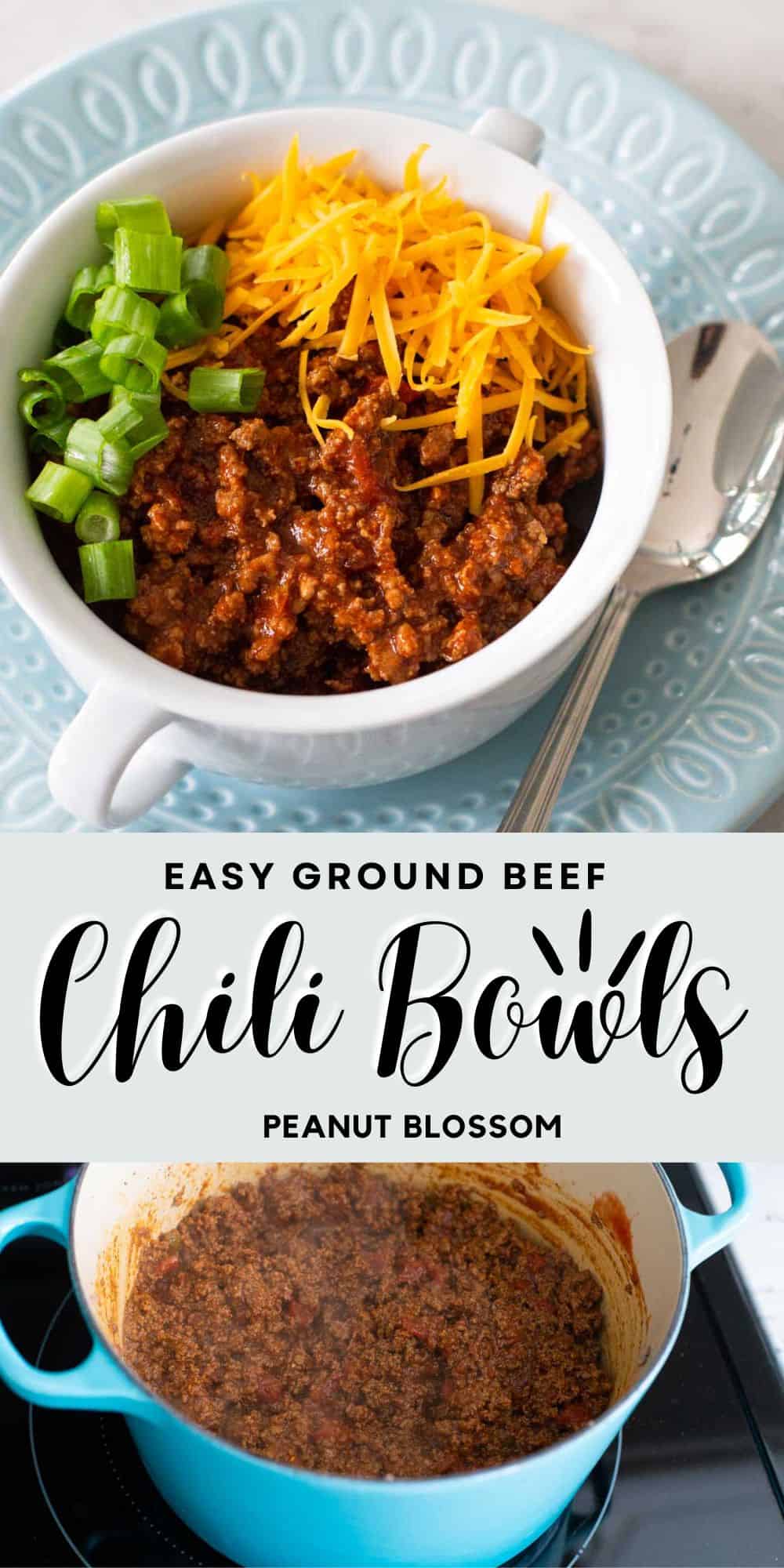 The photo collage shows a bowl of ground beef chili next to the chili cooking in a dutch oven on the stove top.