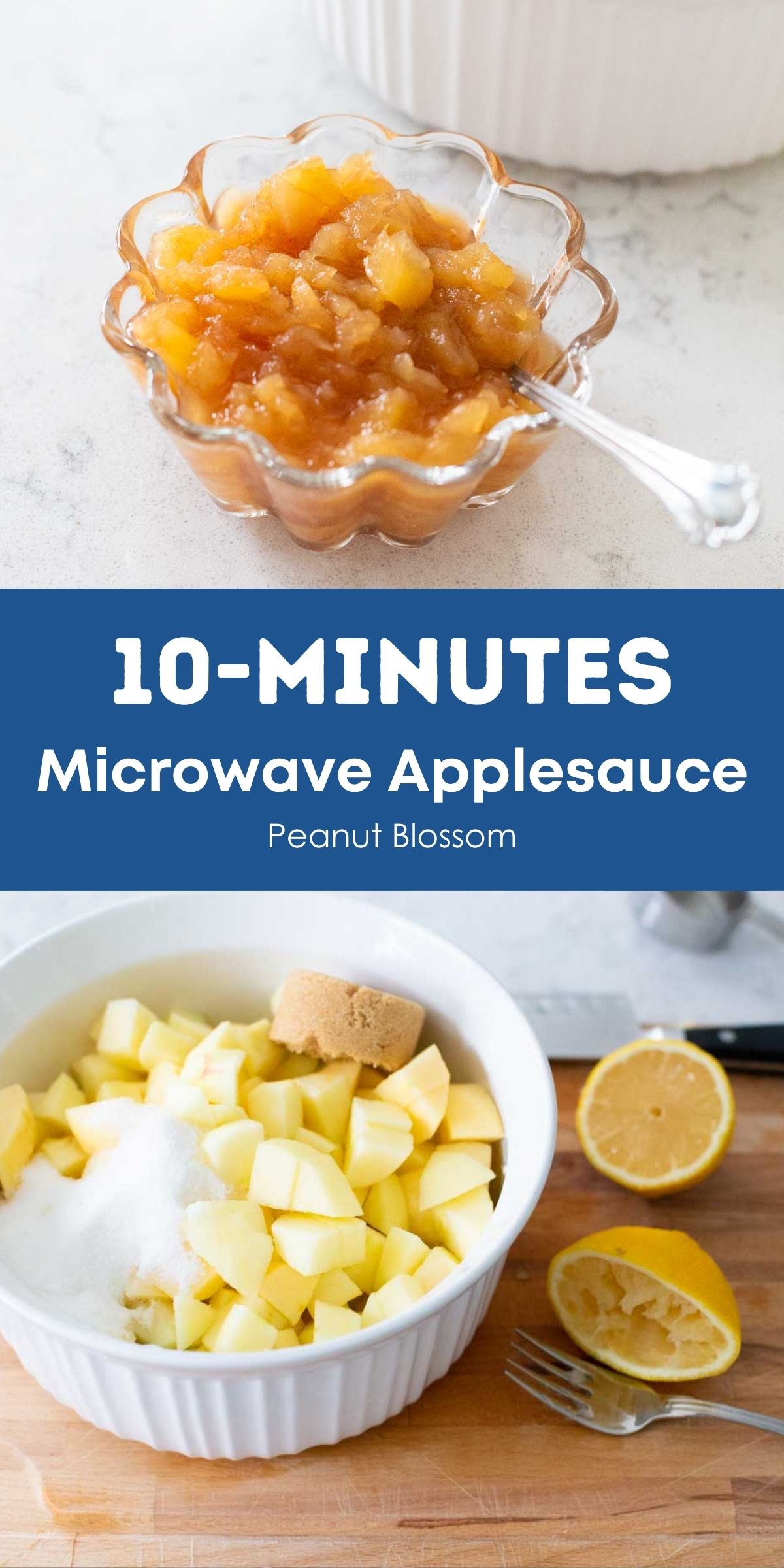 A photo collage shows the finished microwave applesauce and the chopped apples in the microwave dish with sugar and squeezed lemons.