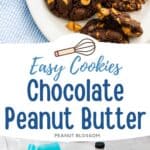 A white platter is filled with chocolate cookies with peanut butter chips scattered about.