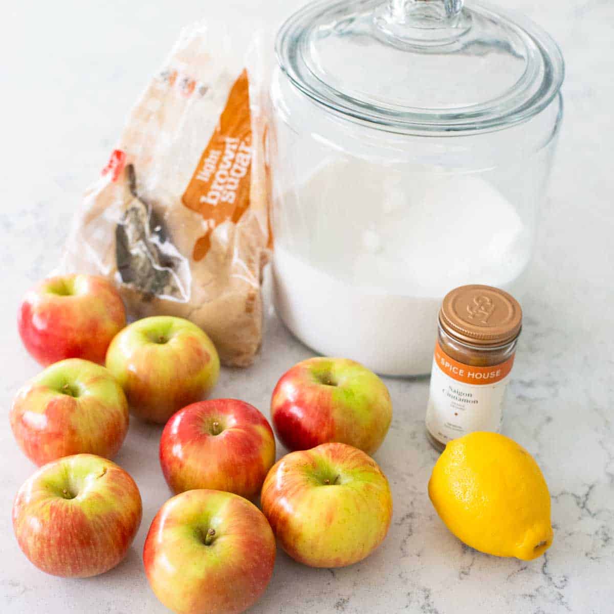 Fresh apples and the other ingredients to make applesauce are on the counter.