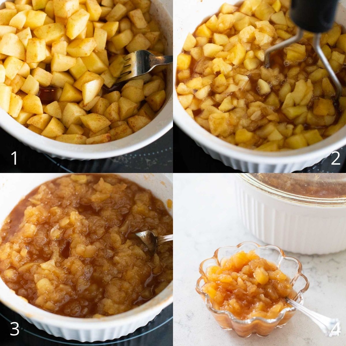 Step by step photos show how to microwave and mash the fresh apples into applesauce.