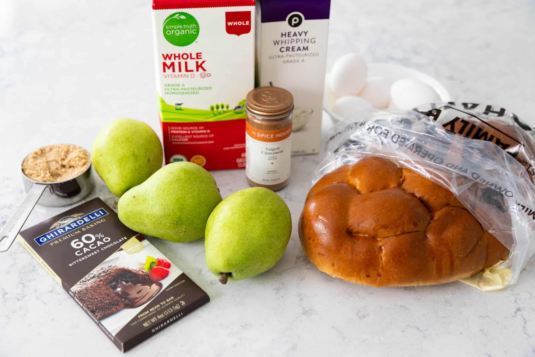 The ingredients to make the bread pudding are on the counter.