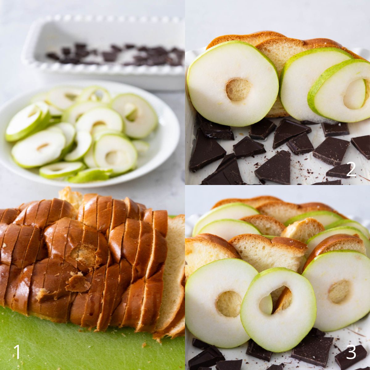 The photo collage shows how to set up the assembly line and layer the sliced pears and bread.