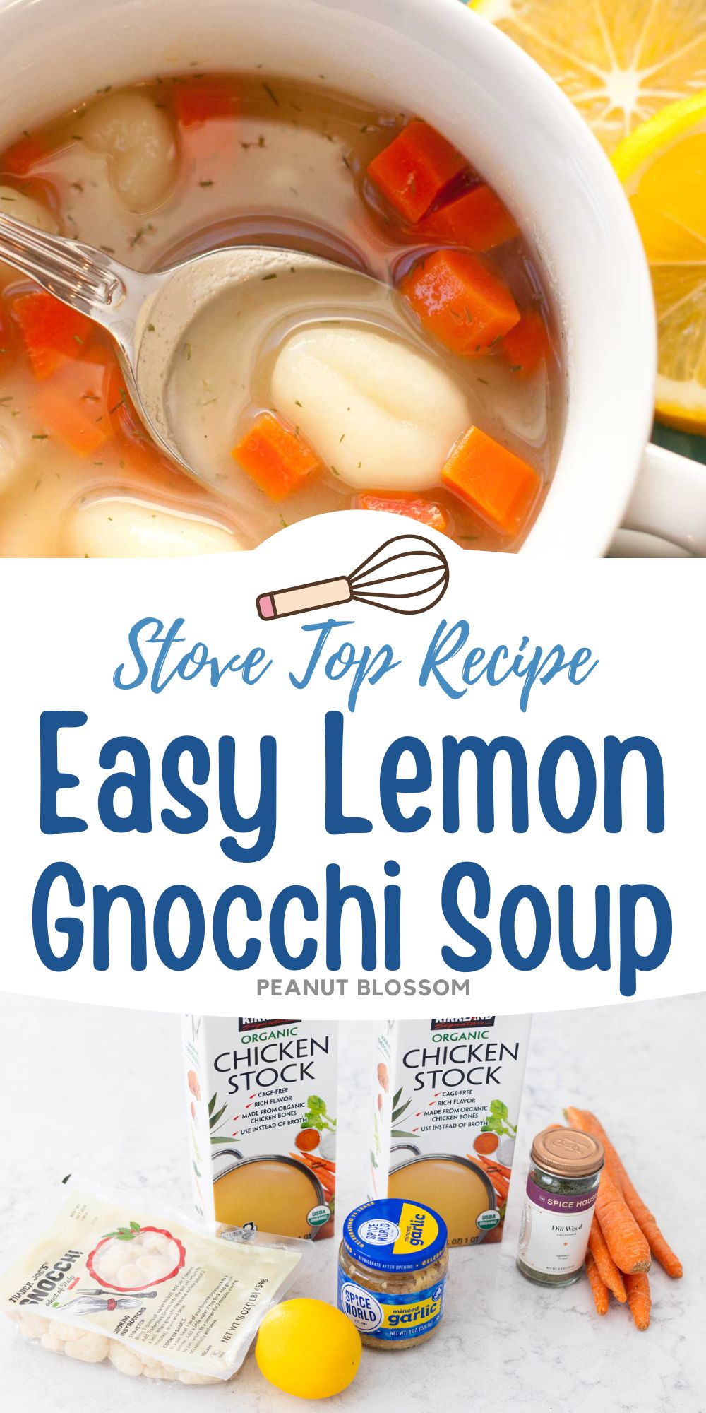 The photo collage shows the soup in a bowl next to a photo of the ingredients needed to make it.