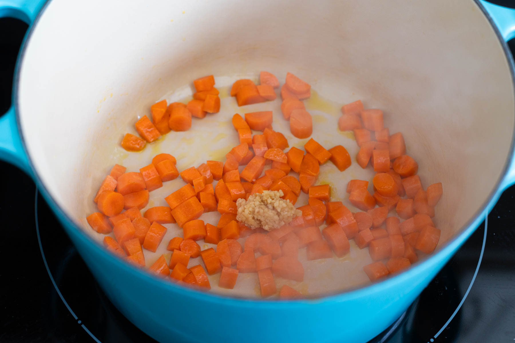 The diced carrot and garlic is in a soup pot.