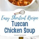 The finished tomato based chicken soup is in a white bowl. The second photo in the collage shows the ingredients needed to make it.