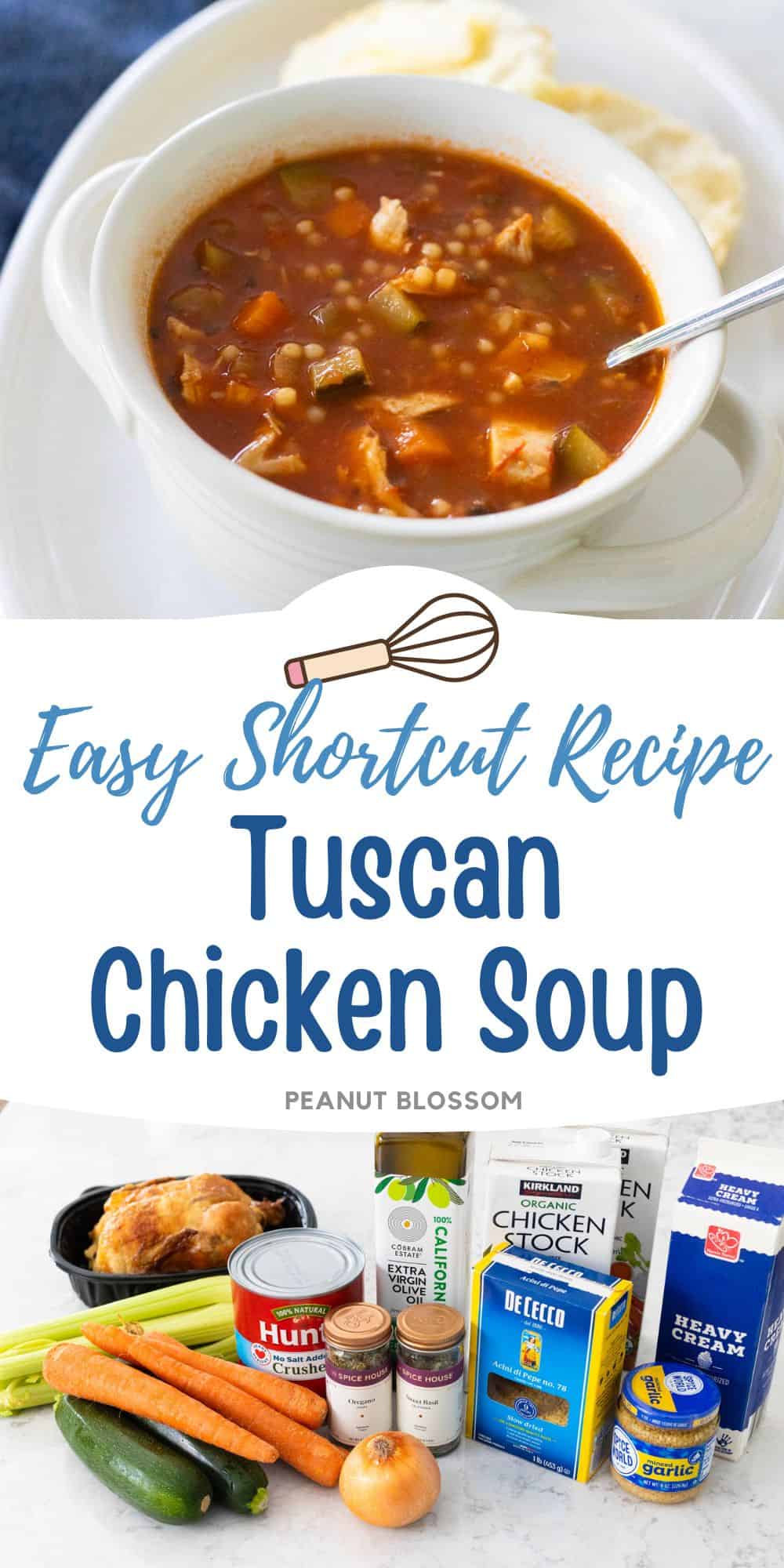 The finished tomato based chicken soup is in a white bowl. The second photo in the collage shows the ingredients needed to make it.