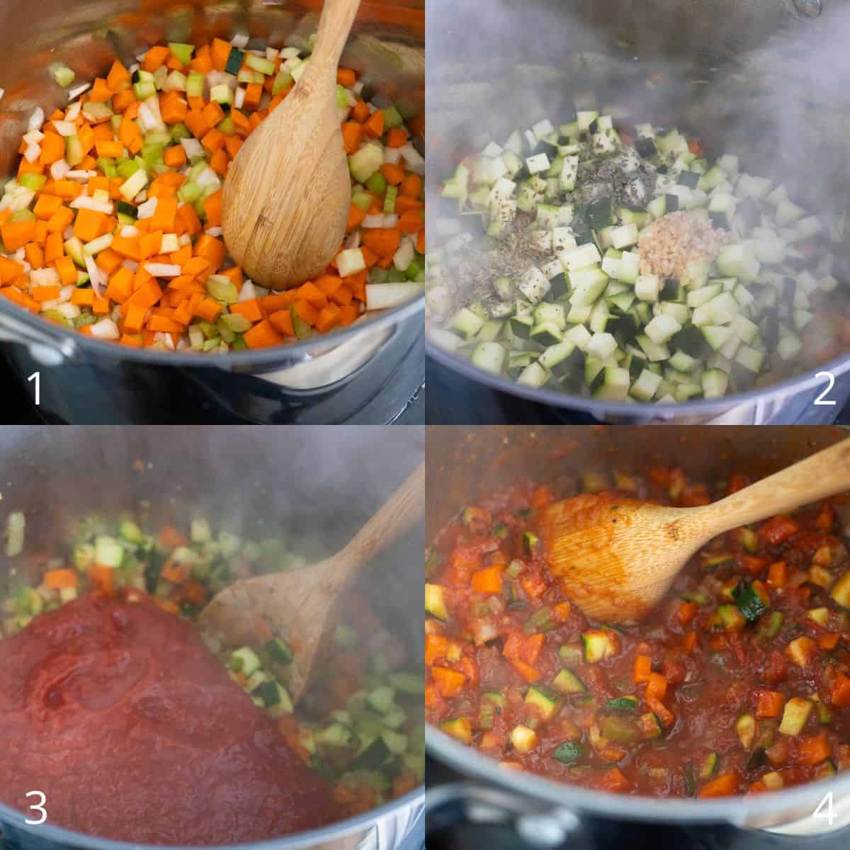 The step by step photos show how to saute the veggies and add the tomato and garlic.