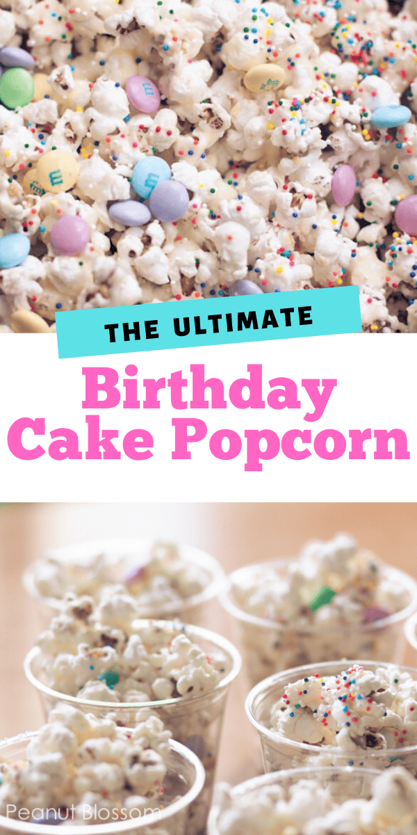 Sprinkled birthday popcorn mix with pastel M&M candies. 