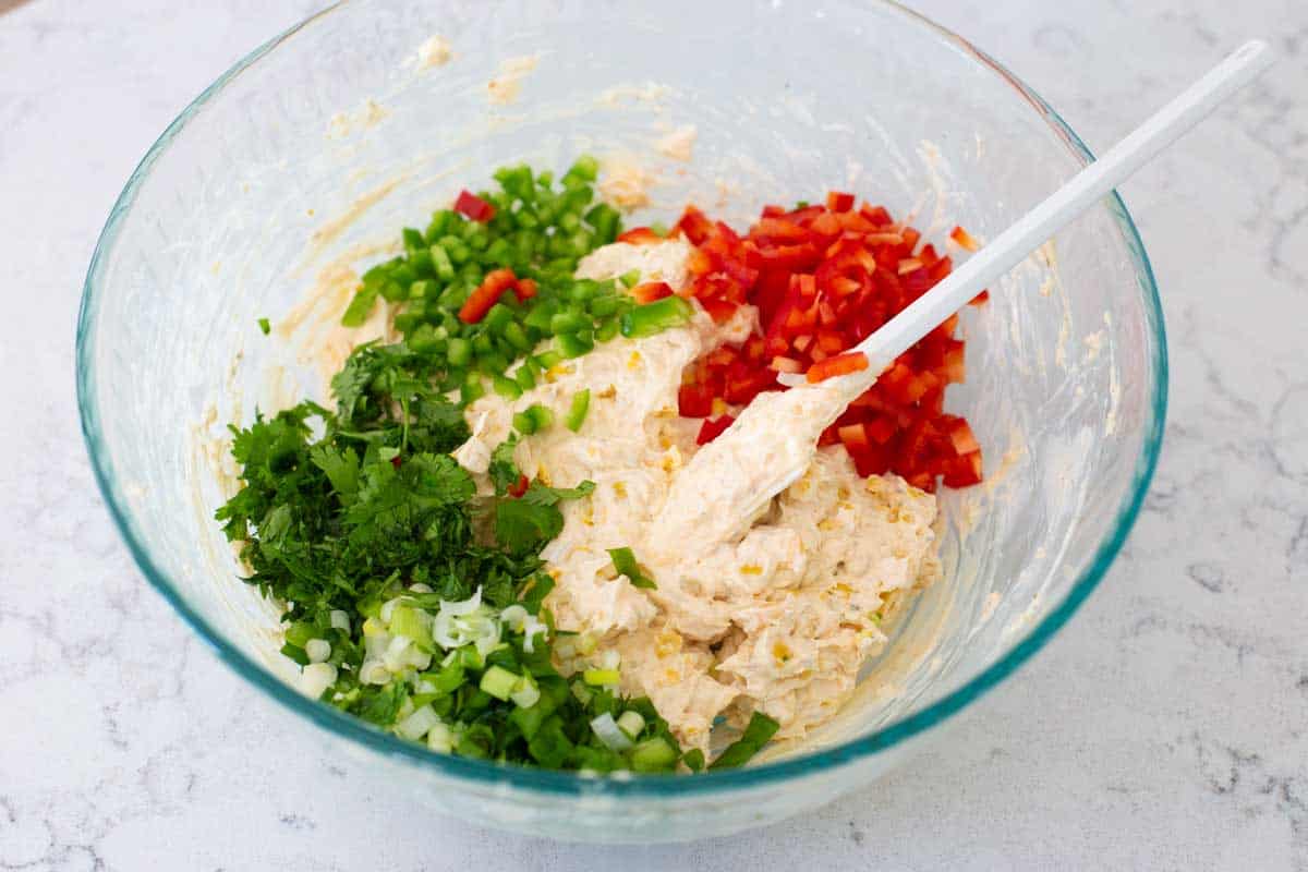 The mixing bowl now has all the chopped and prepped fresh veggies ready for mixing in.