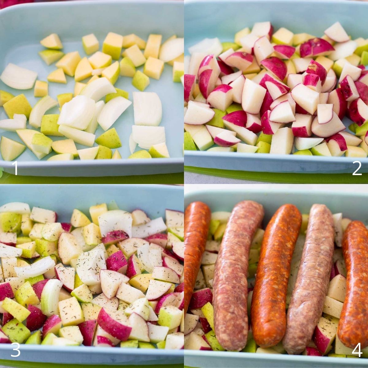Step by step photos show how to layer the apples, potatoes, and sausages in a baking dish.
