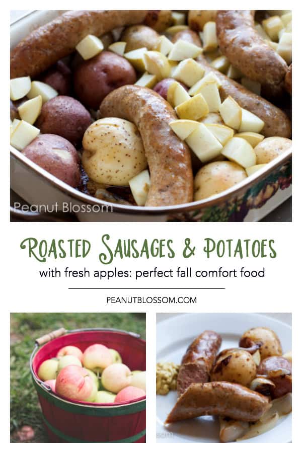 Roasted sausages and potatoes with apples is perfect fall comfort food.