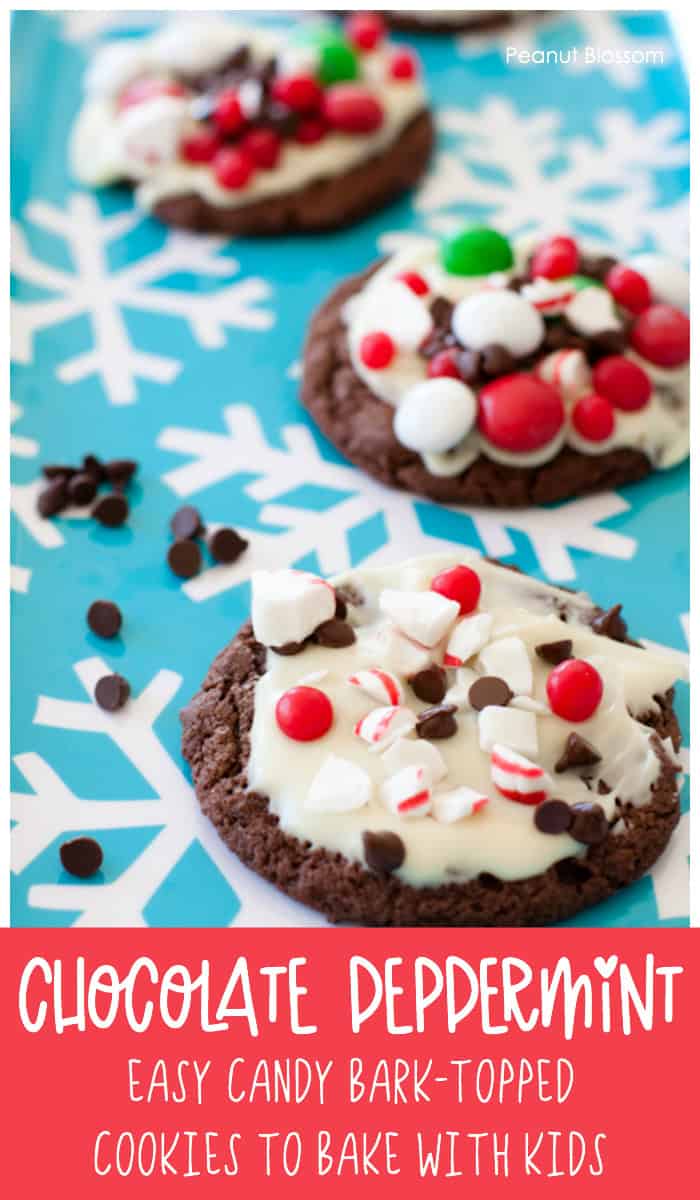 Easy chocolate peppermint bark cookies to bake with kids. So much fun making custom candy bark topped cookies together this holiday season.