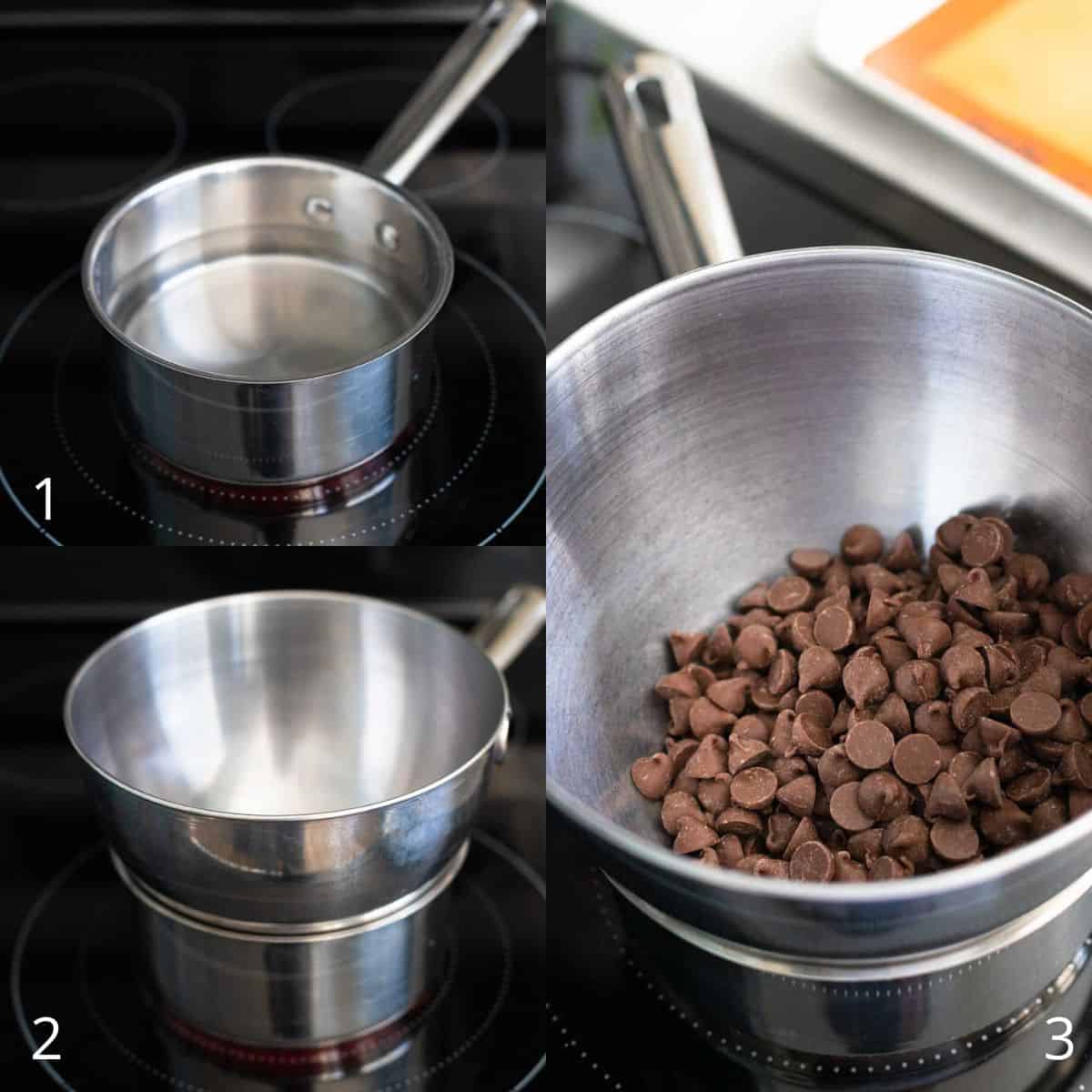 The step by step photos show the double boiler melting the chocolate chips on the stove top.