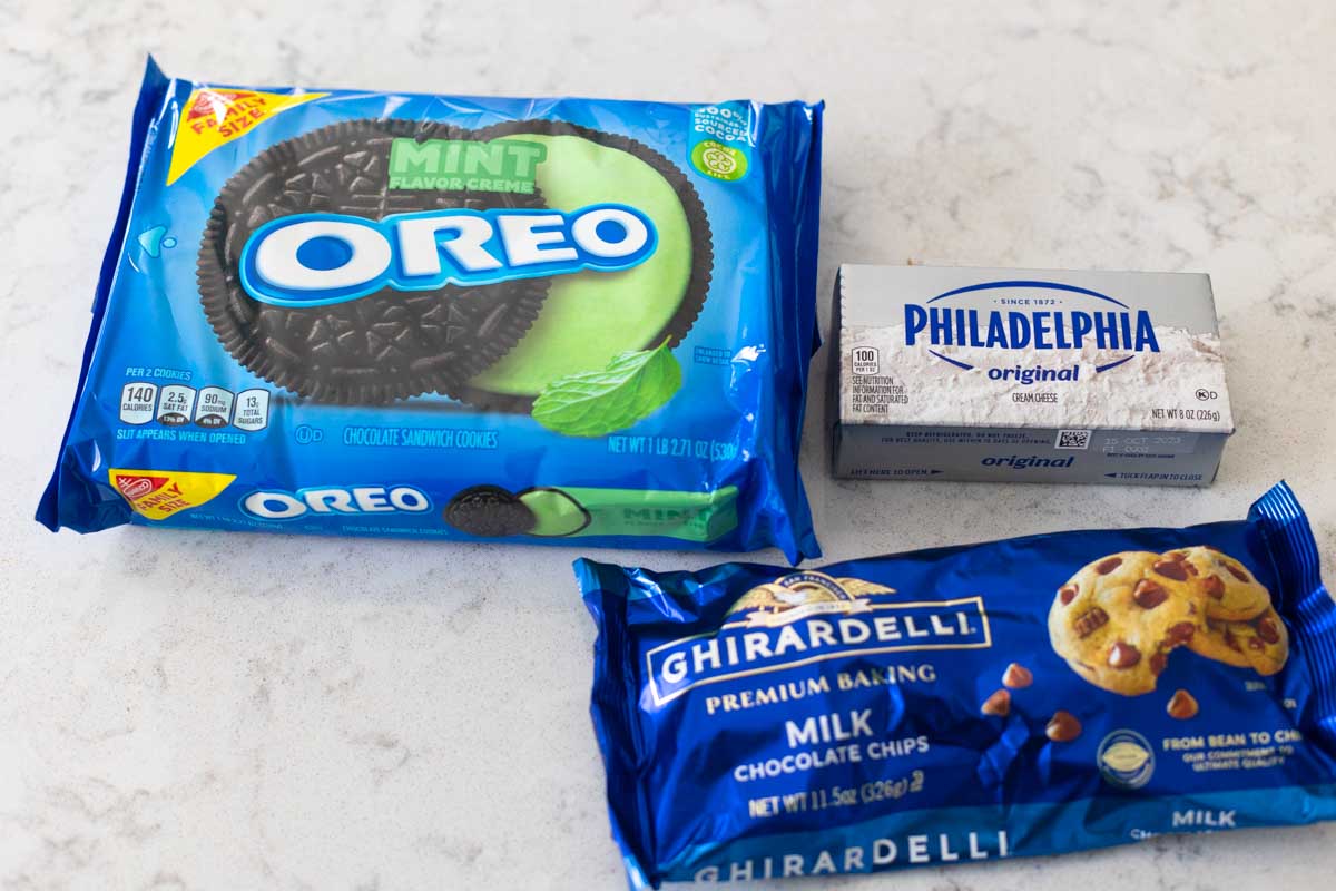 The 3 ingredients to make Oreo cookie balls are on the counter.