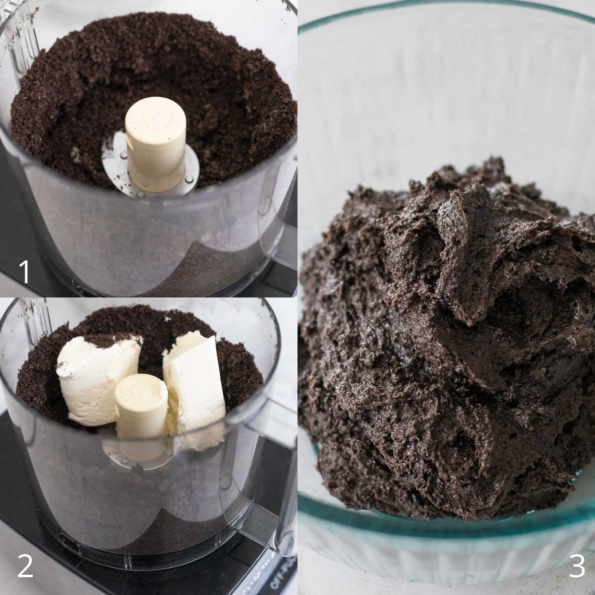 The step by step photos show the Oreo cookies in a food processor being crumbled and then mixed with cream cheese. The final shot shows the cookie dough ball.