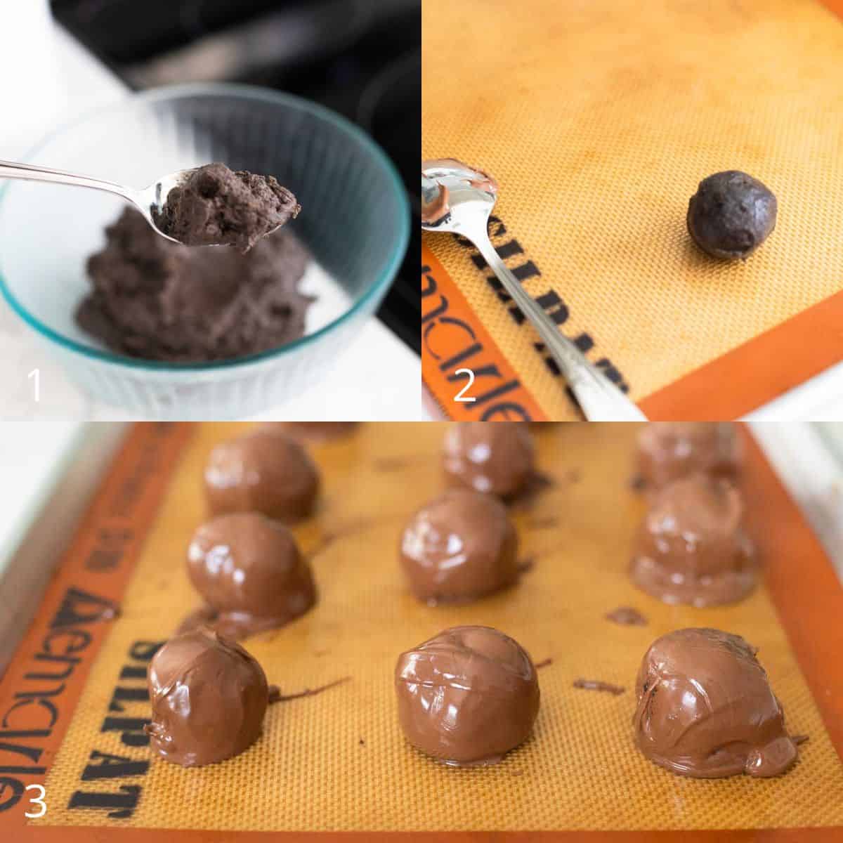 The step by step photos show how much dough to roll into an Oreo cookie ball and then a pan of them dipped in chocolate.